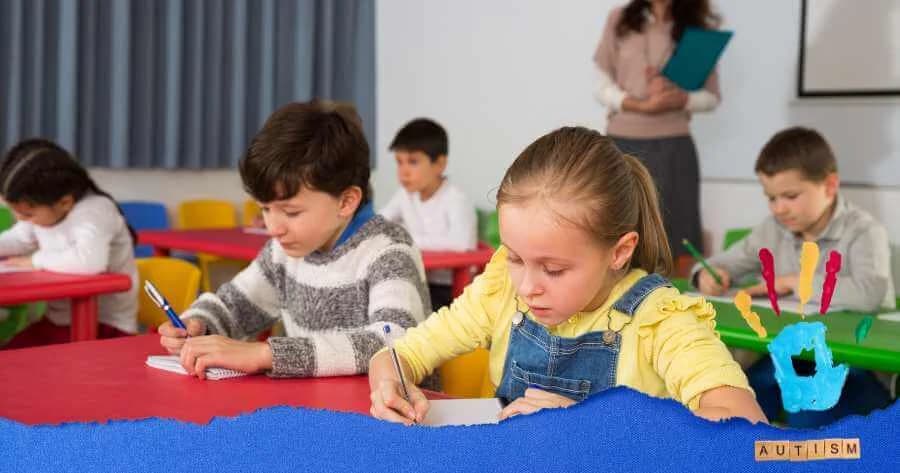 Crianças utilizando plano de aula pronto voltado para educação especial e autismo, com materiais visuais e atividades adaptadas.