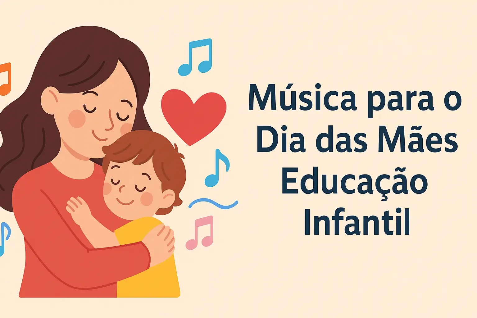 Ilustração digital em tons suaves mostra uma criança oferecendo flores para uma mulher sorridente, representando uma cena afetuosa entre mãe e filho. O fundo tem cores claras, com corações e notas musicais, simbolizando o tema do Dia das Mães com música.
