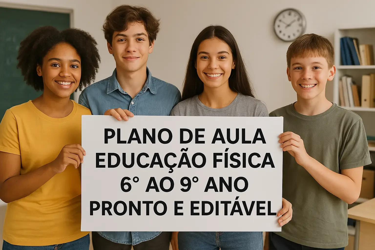 Quatro alunos diversos segurando um cartaz com a frase "PLANO DE AULA EDUCAÇÃO FÍSICA 6° AO 9° ANO PRONTO E EDITÁVEL" em uma sala de aula.