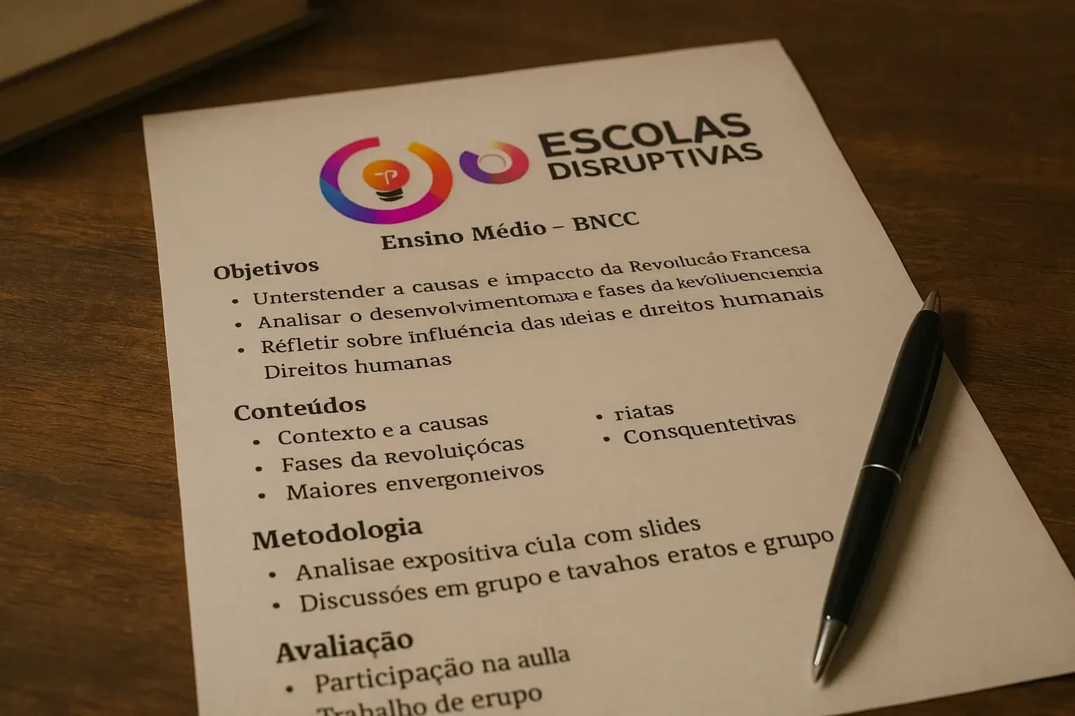 Documento impresso com o título "Planos de Aula: Revolução Francesa", contendo objetivos, conteúdos, metodologia e avaliação para o Ensino Médio conforme a BNCC, acompanhado de uma caneta preta sobre uma mesa de madeira e o logo colorido das Escolas Disruptivas no topo da página.