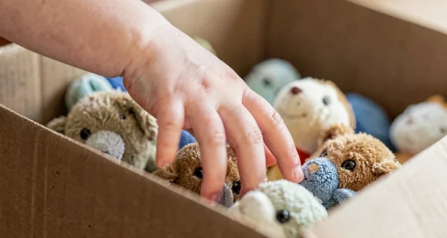mão de bebê explorando o interior de caixa com objetos na creche