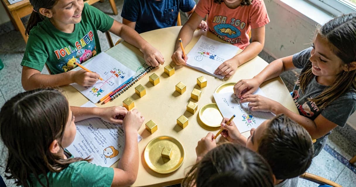 adição e subtração com material dourado: crianças em grupo manipulando blocos dourados na mesa da sala de aula