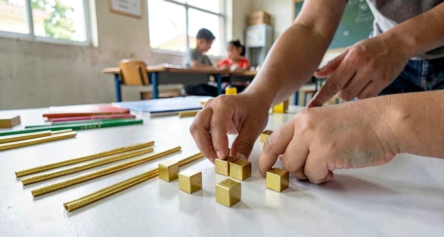 material dourado na prática: mãos de criança agrupando barras e cubinhos para resolver operação de adição