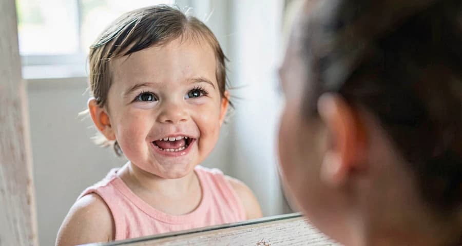 criança da creche fazendo expressão facial em frente ao espelho