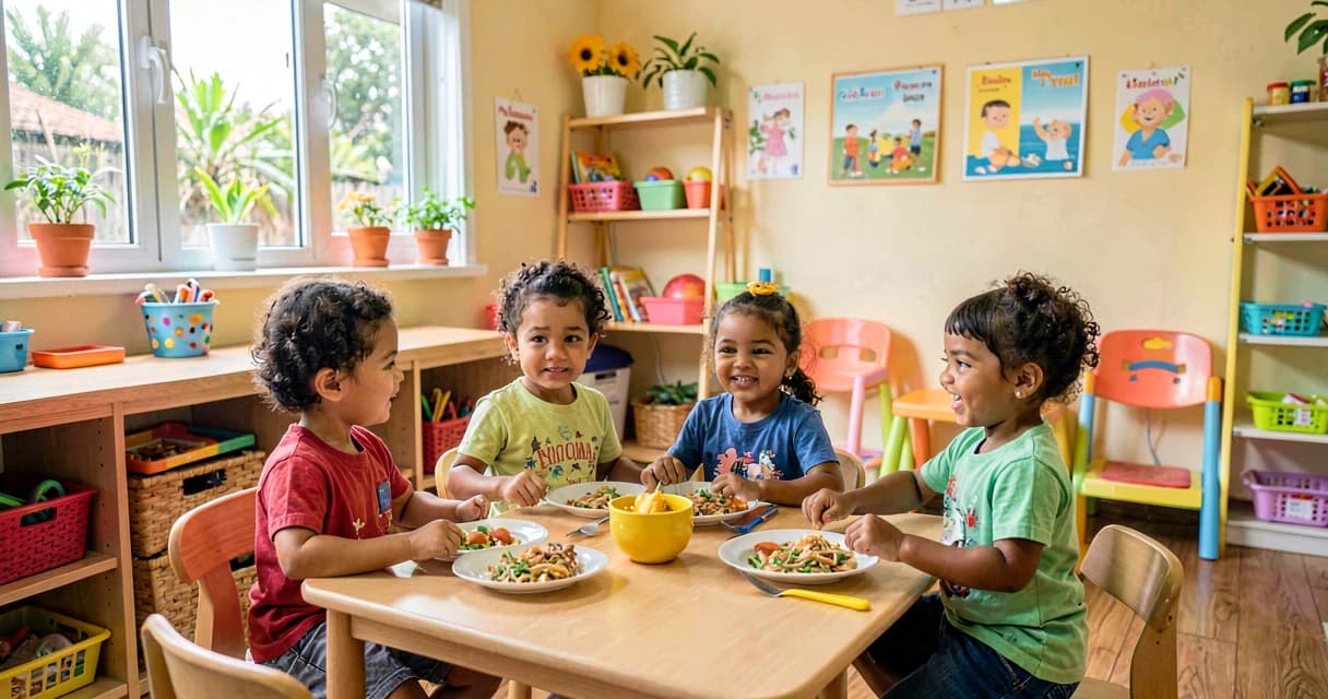 plano de aula arrumando a mesa: crianças da creche organizando pratos antes da refeição