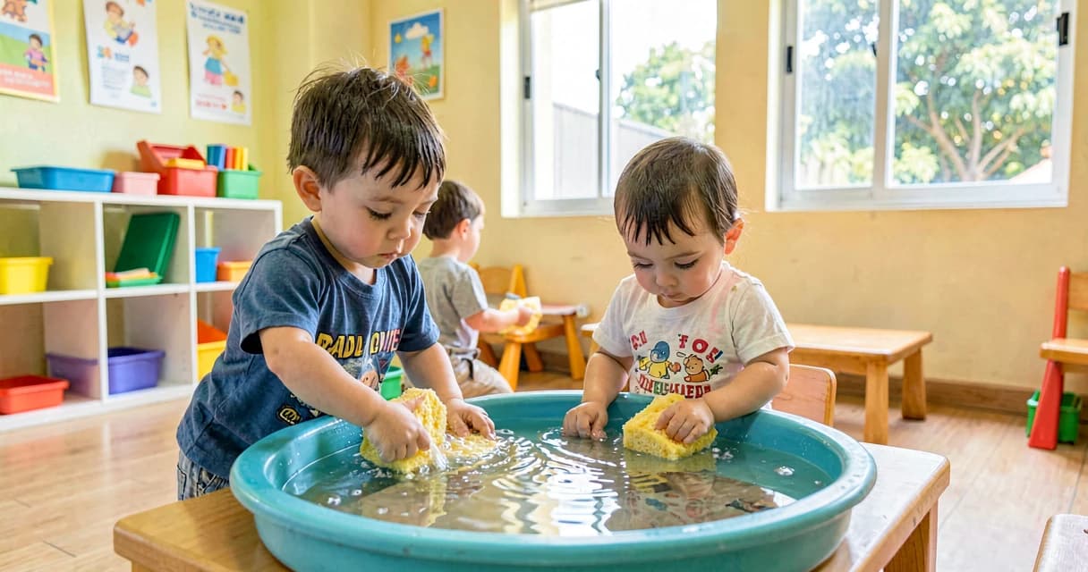 plano de aula esponjas molhadas: crianças da creche apertando esponjas sobre bacia de água