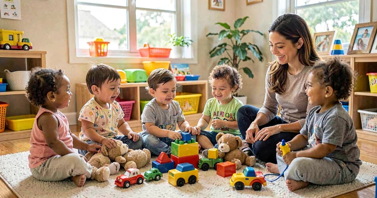 Compartilhamento em creche: crianças bem pequenas brincando juntas com brinquedos grandes em círculo