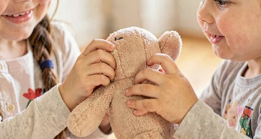 Compartilhamento de brinquedos: duas crianças bem pequenas segurando juntas um animal de pelúcia