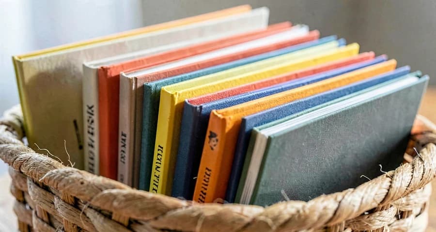 livros resistentes organizados em cesto para atividade de manuseio na creche