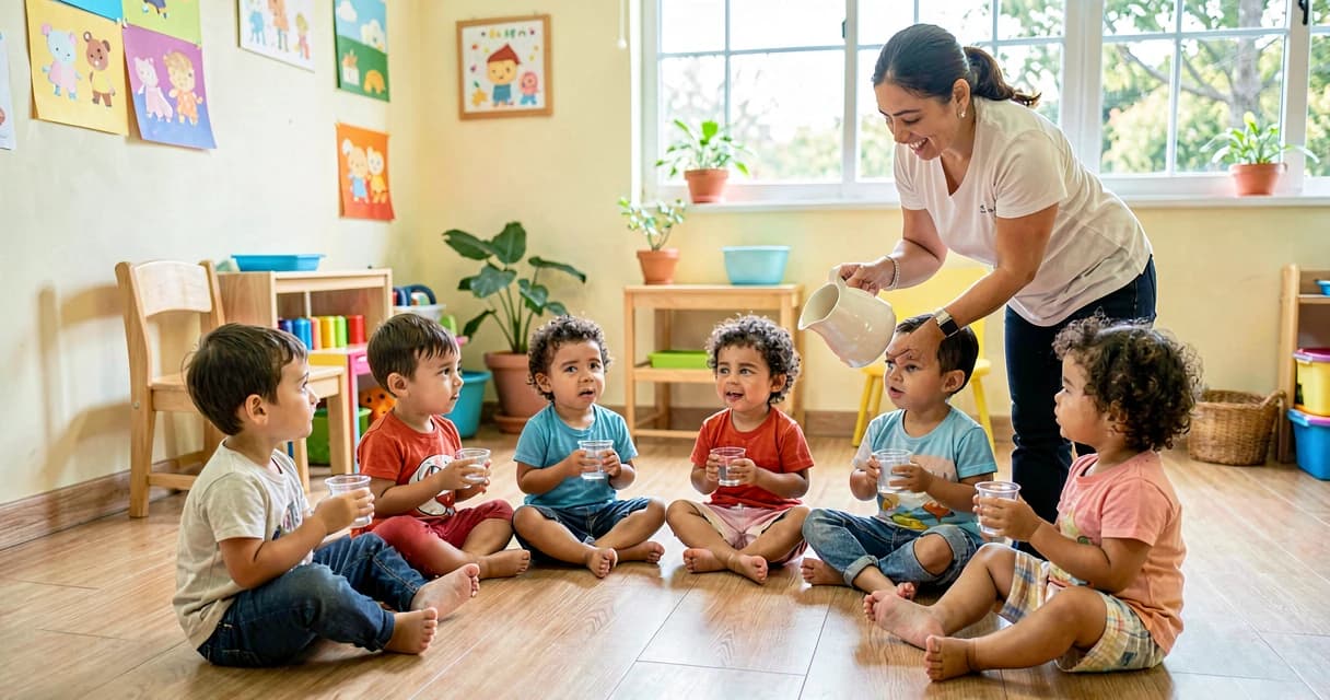 plano de aula importância de beber água: crianças da creche aprendendo a se hidratar