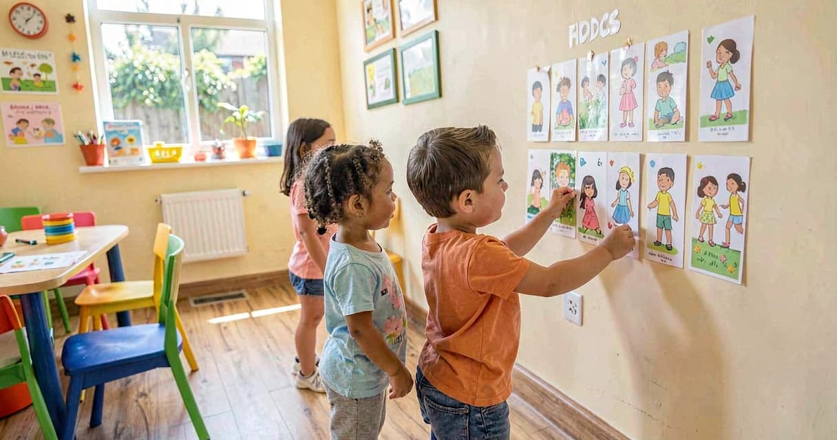 plano de aula avisos da rotina: crianças da creche organizando mural da rotina diária
