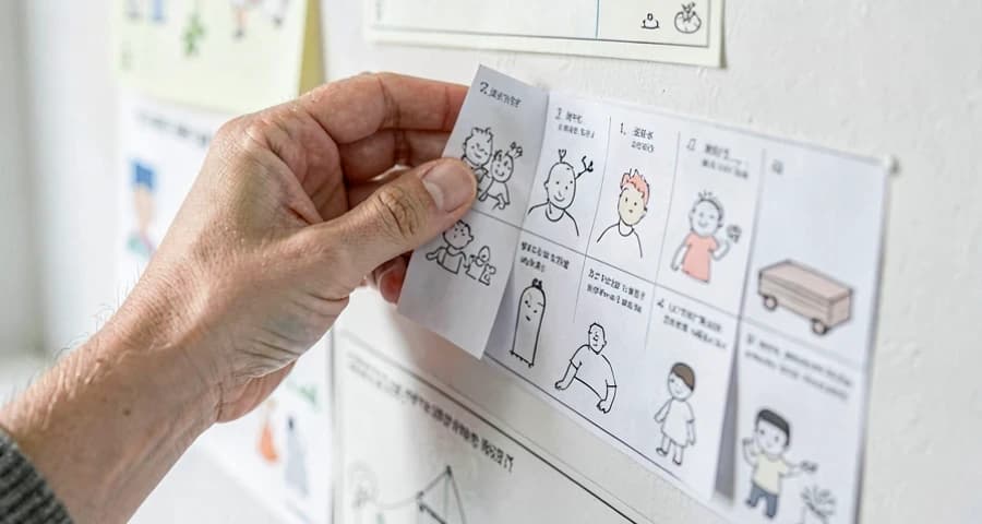 criança da creche posicionando cartaz da rotina em mural na sala