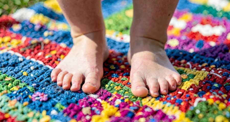 pés de criança sobre caminho de tecidos durante atividade sensorial na creche