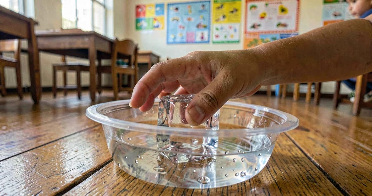 Barquinho de gelo: criança pequena observando e tocando gelo derretendo em água dentro de sala de aula