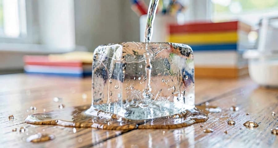 Derretimento de gelo em água: detalhes de transformação e fluxo de água em atividade de ciência para crianças
