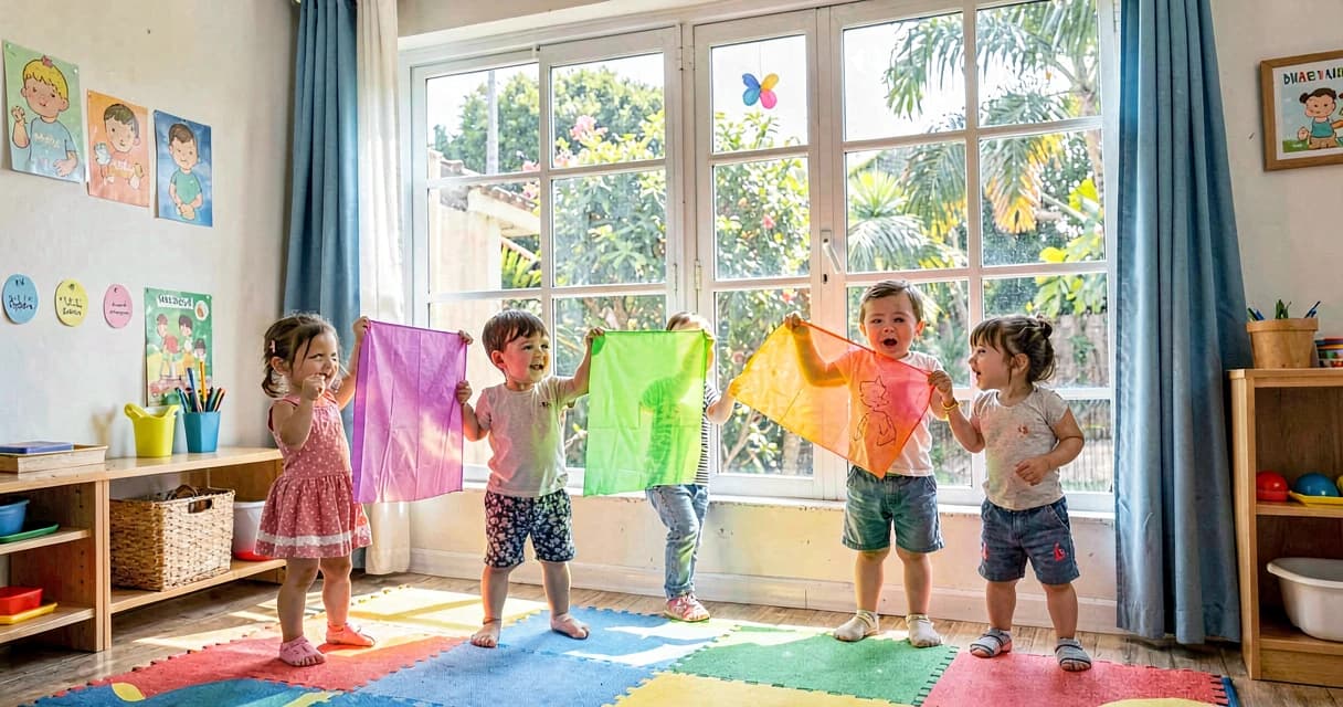 plano de aula celofane colorido: bebês da creche observando celofane contra a luz da janela