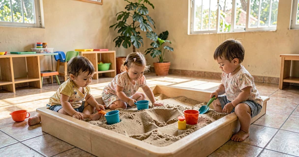 plano de aula brincando com areia: bebês da creche explorando caixa de areia sensorial