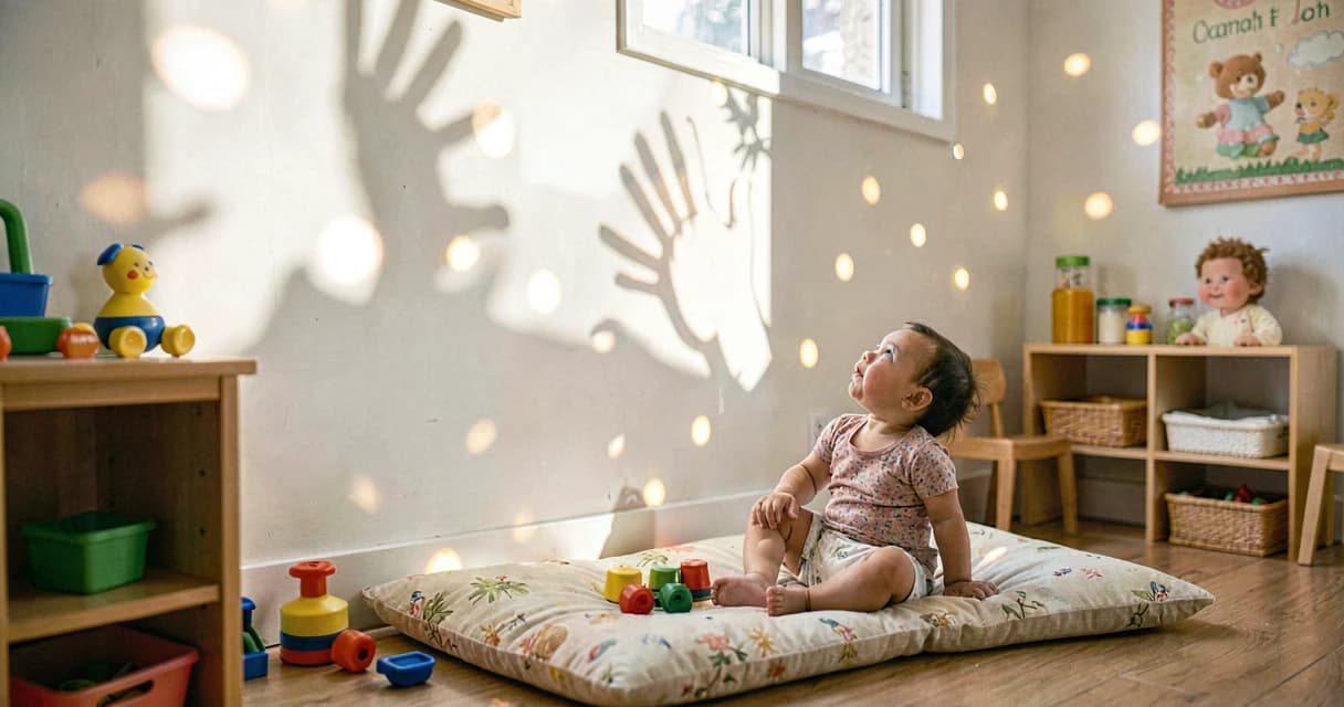 Brincadeira com luz e sombra na creche: bebê observa projeção de sombras na parede branca em ambiente acolhedor
