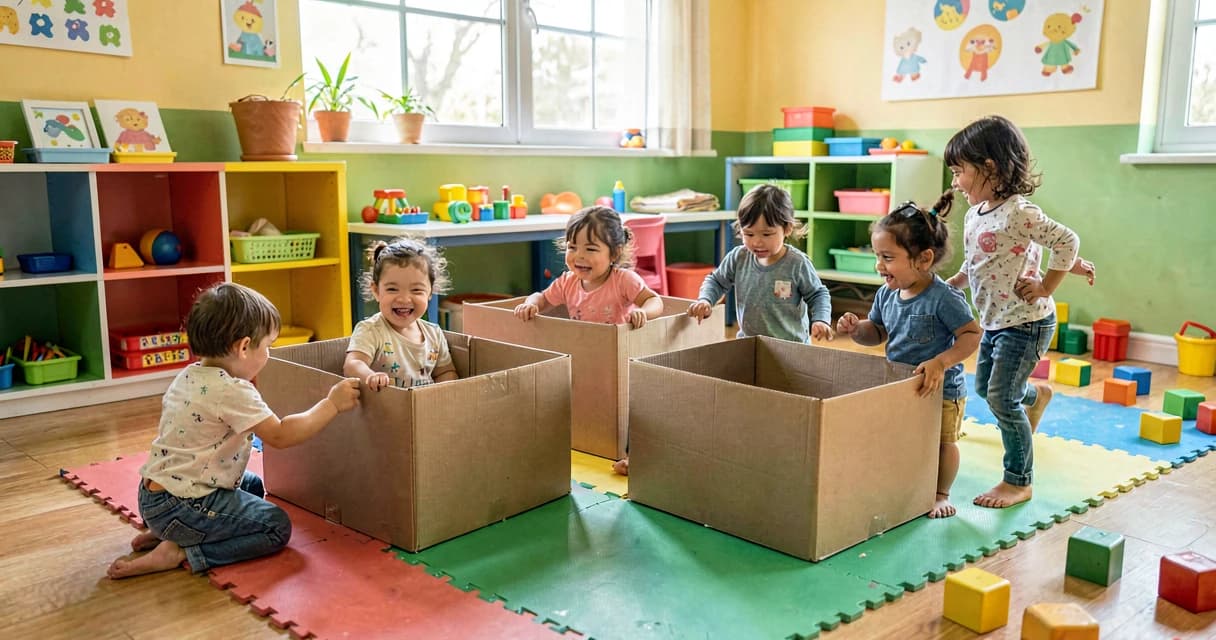 plano de aula localização espacial: crianças bem pequenas brincando dentro e fora de caixas na sala de aula