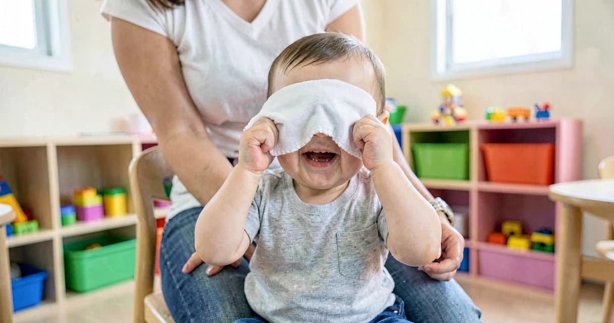 Brincadeira Cadê e Achou: bebê explorando lenço de pano durante atividade sensoriomotora com educador em sala de creche