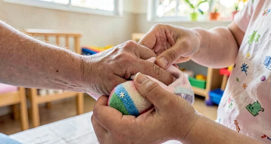 Desenvolvimento sensoriomotor: bebê explorando tecido e brinquedo durante atividade de permanência de objeto na creche