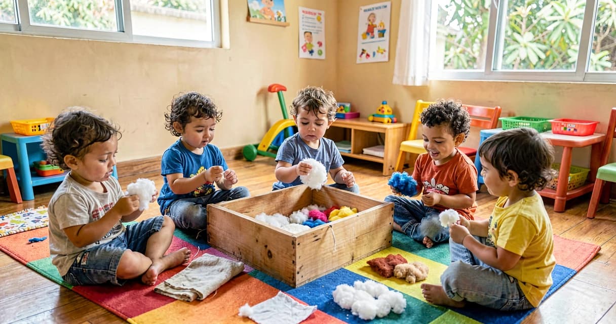 Plano de aula exploração texturas creche: crianças em roda explorando caixa de texturas com materiais variados em sala de aula