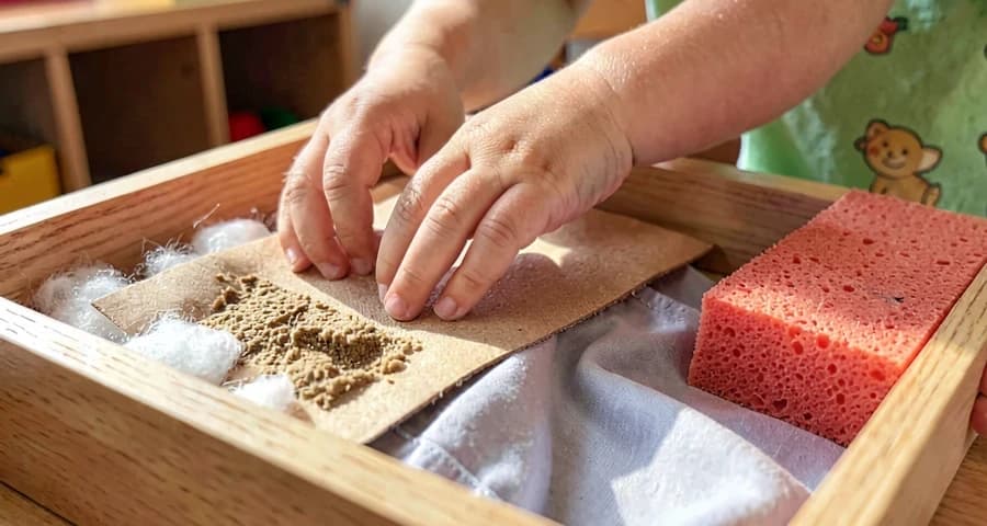 Exploração tátil creche: mãos de criança tocando diferentes texturas em caixa sensorial (algodão, lixa, tecido, esponja)
