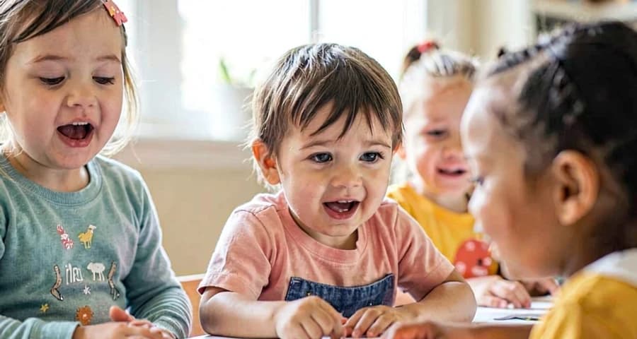 crianças da creche cantando durante atividade de história com música