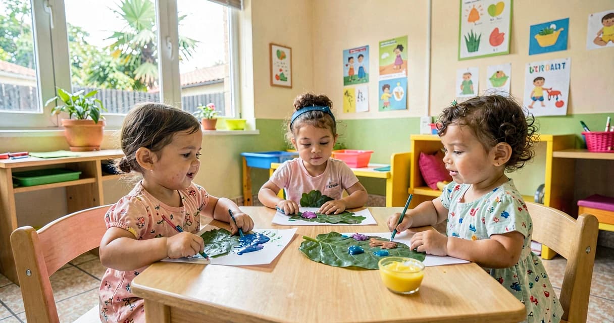 plano de aula carimbo com folhas: bebês da creche carimbando folhas com tinta no papel