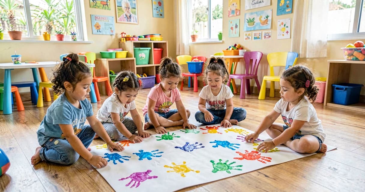 plano de aula marcas de mãos e pés: crianças da creche pintando com o corpo no papel