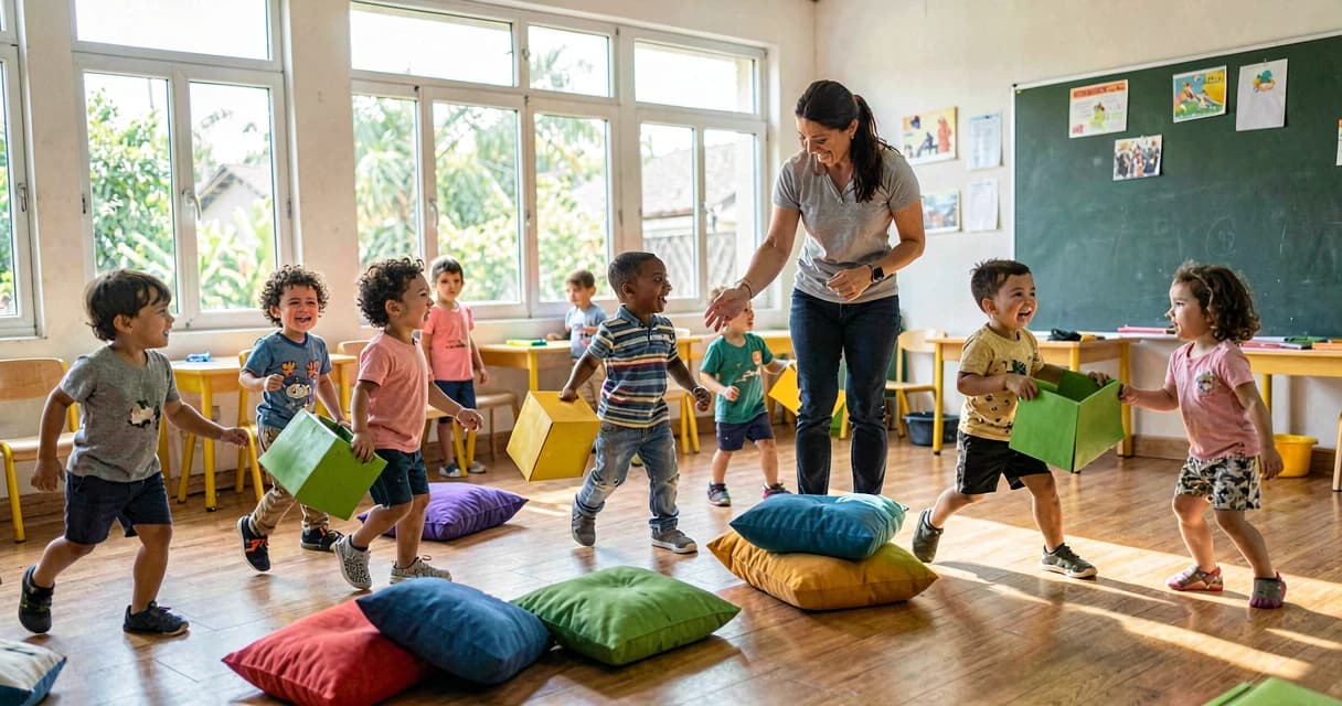 Educação física creche: crianças bem pequenas carregando caixas coloridas e almofadas em sala de aula