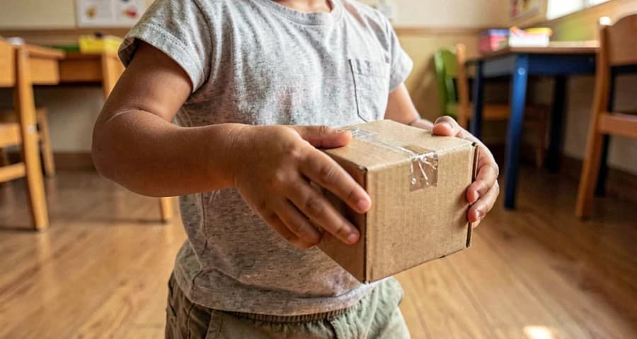 Desenvolvimento motor: criança pequena transportando caixa com segurança em atividade de educação física