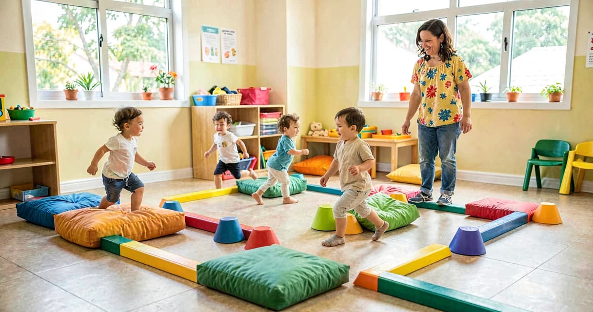 circuito motor infantil: crianças bem pequenas desviando de almofadas coloridas em sala de aula de creche com professor
