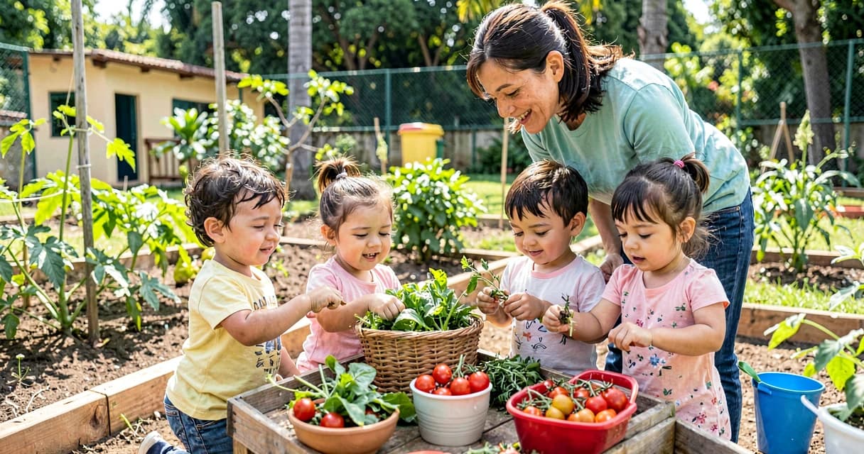 plano de aula colhendo da horta: crianças da creche colhendo alimentos da horta escolar
