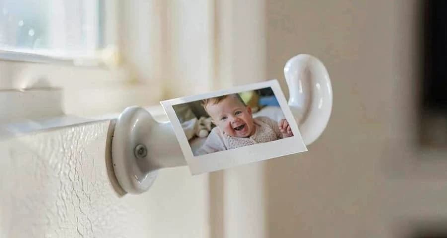 foto plastificada fixada em cabideiro pessoal de bebê na creche