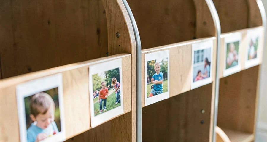 cabideiros individuais identificados com fotos em atividade na creche