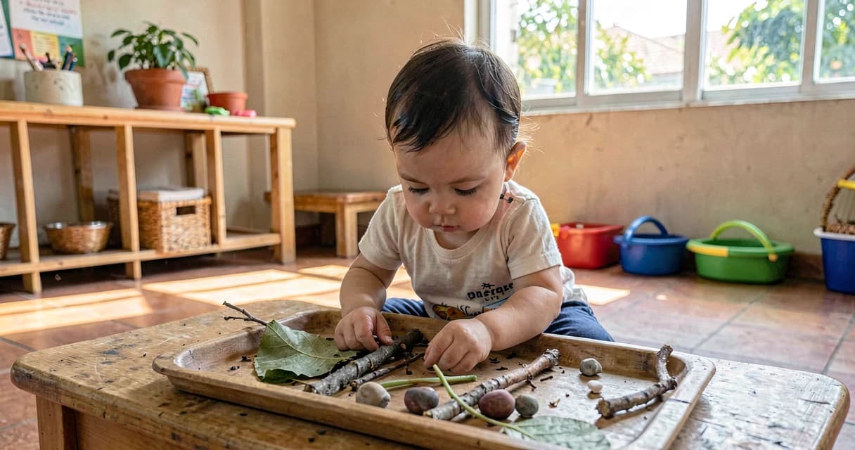 plano de aula elementos naturais: bebê da creche explorando folhas e pedrinhas