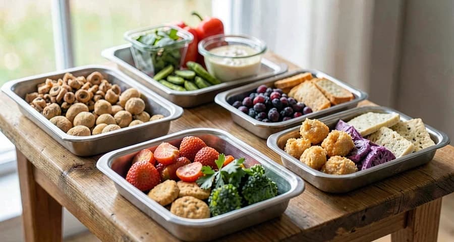 bandejas de alimentos organizadas para lanche comunitário na creche