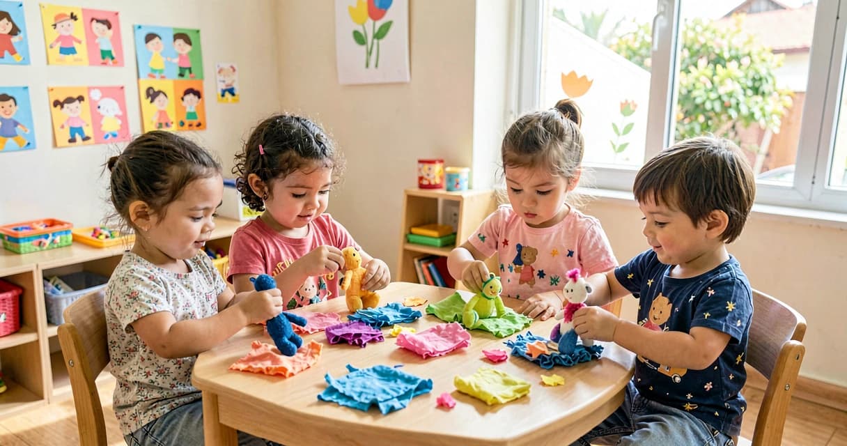 plano de aula confecção de bonecas: crianças da creche criando bonecas de tecido coloridas