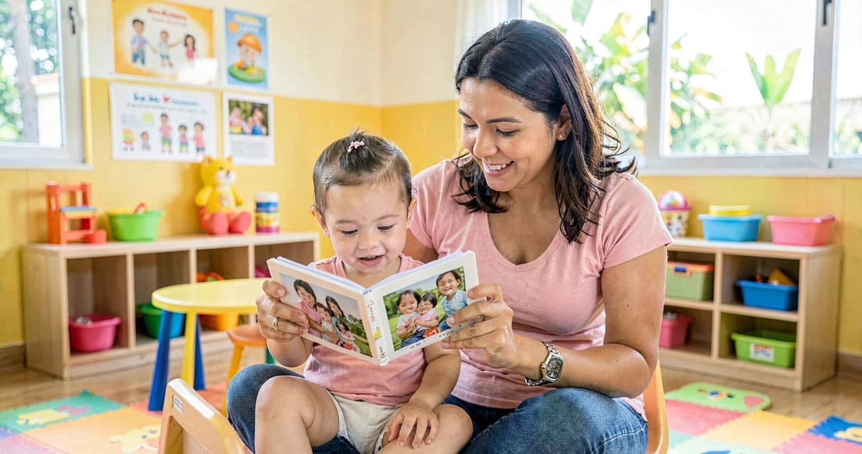 plano de aula rostos da família: bebê da creche observando álbum de fotos da família