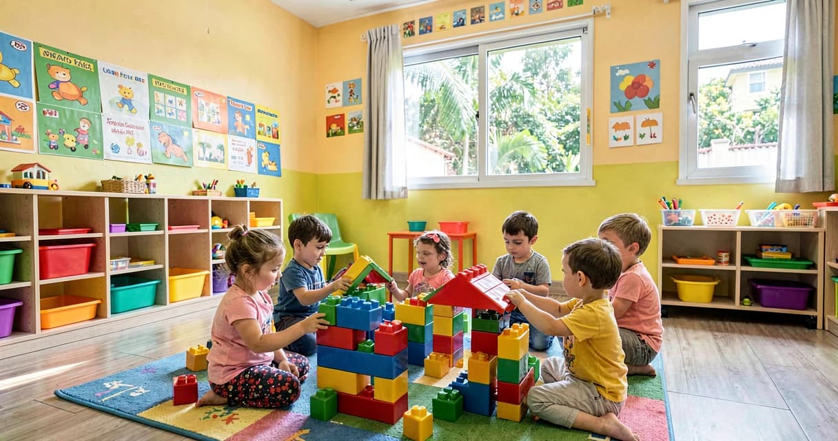 plano de aula construindo casinhas: crianças da creche montando casas com blocos grandes
