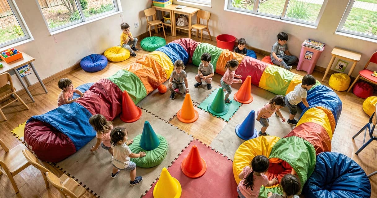 plano de aula percurso para crianças bem pequenas: visão superior de um espaço com almofadas coloridas, cones e tecidos em sala de aula