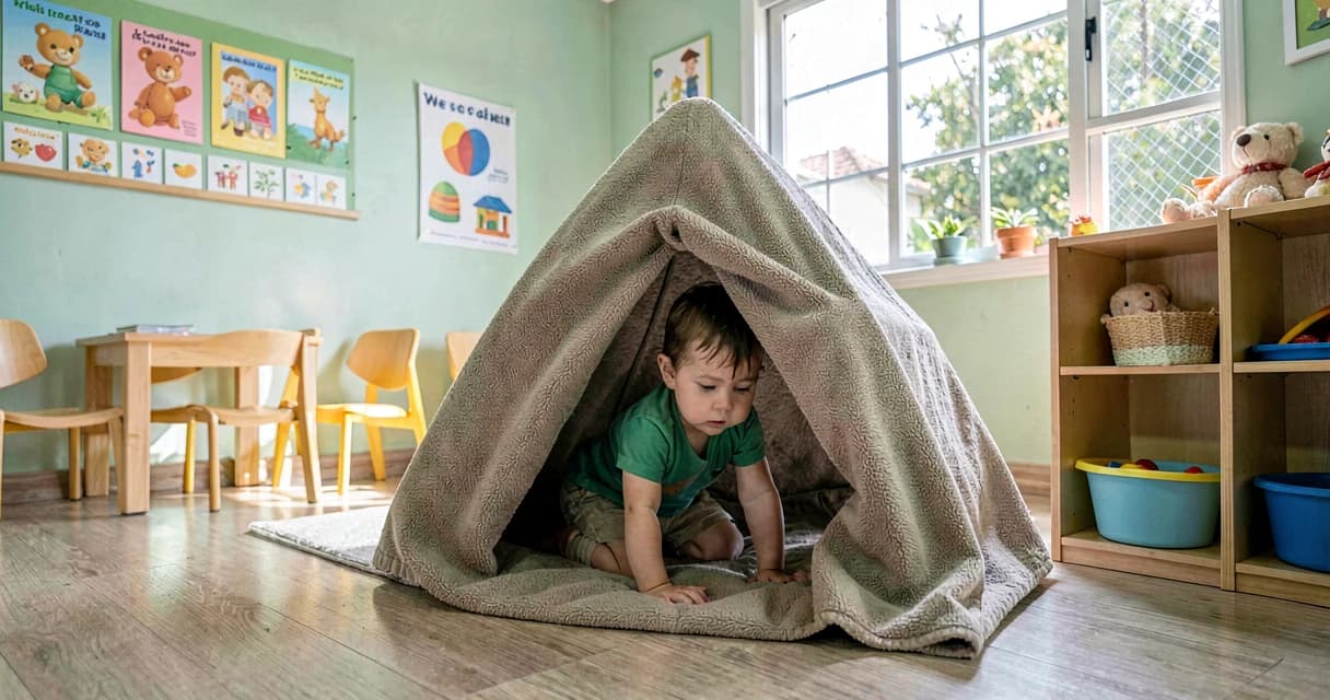 plano de aula cabana de cobertores: bebê da creche explorando esconderijo aconchegante