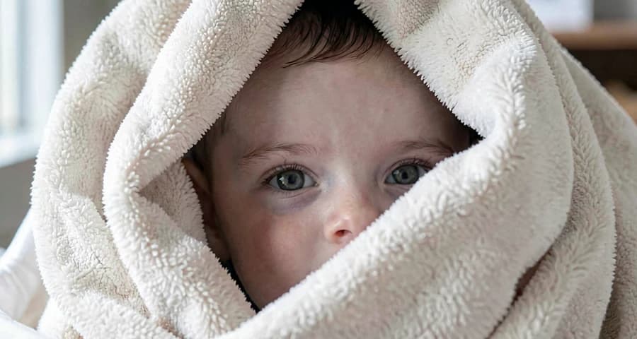 bebê espiando de dentro de cabana de cobertores na creche