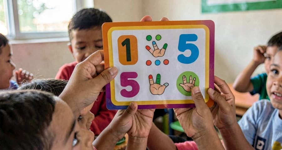cartaz de números de 1 a 5 com ilustrações: recurso visual para ensinar contagem na educação infantil