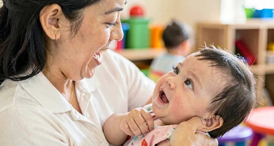 familiar segurando bebê durante momento musical compartilhado na creche