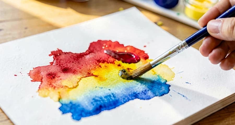 Mistura de cores primárias em papel: pintura livre com transformação de cores