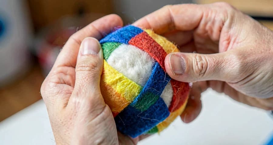 mãos de criança criando escultura de tecido colorido em atividade na creche