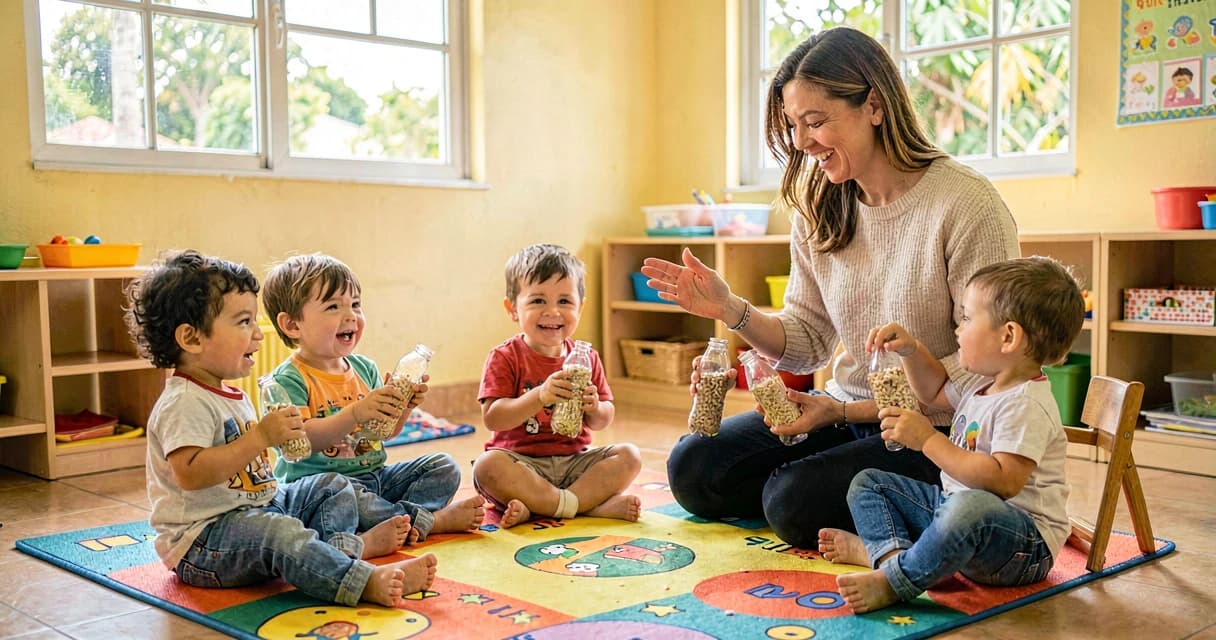 Instrumentos sonoros: crianças bem pequenas em roda na creche com chocalhos feitos de garrafas plásticas