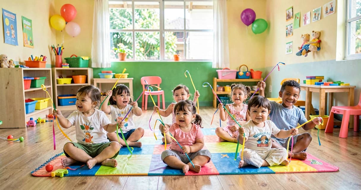 plano de aula dançando com fitas: bebês da creche balançando fitas coloridas ao som de música